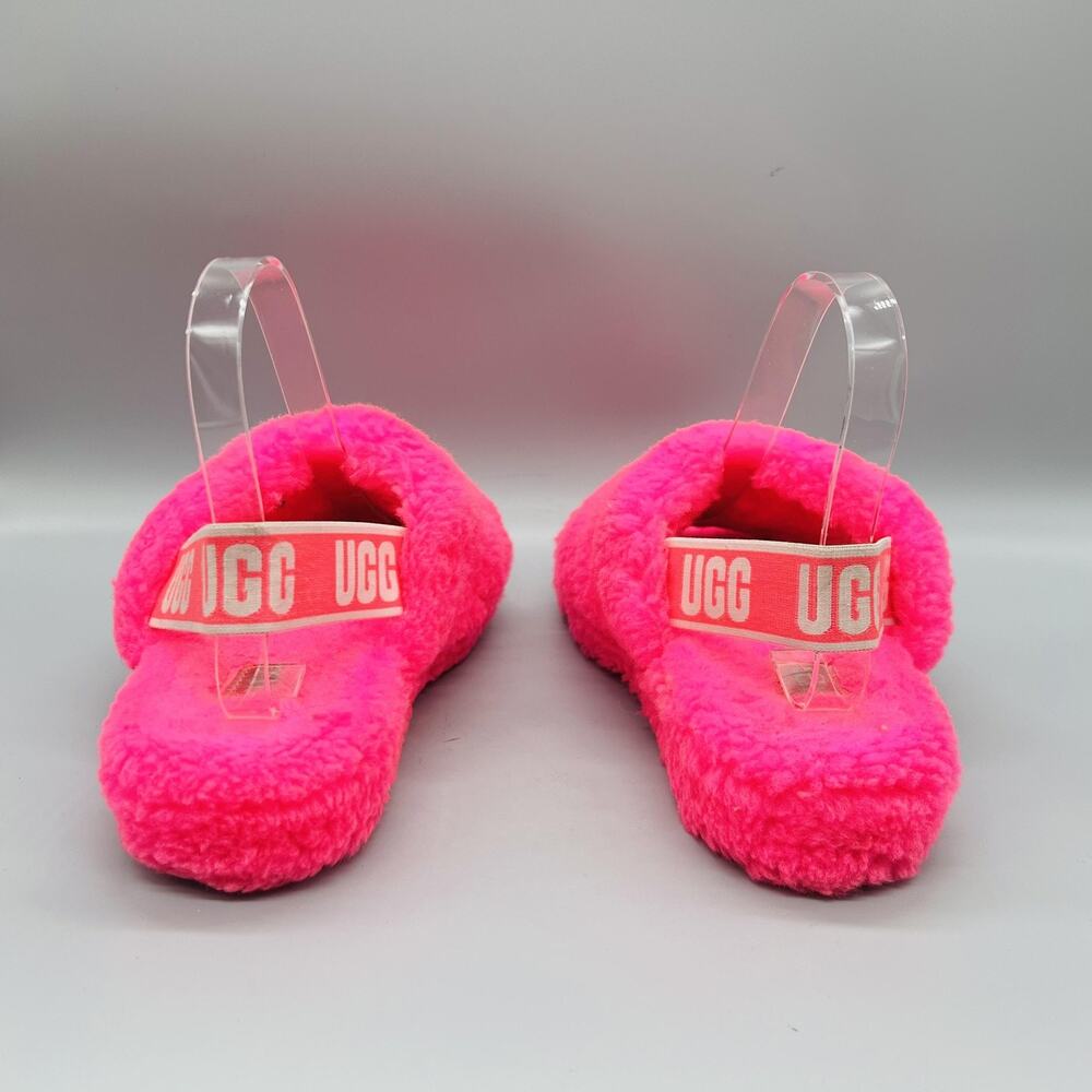 UGG Shoes Womens 7 Pink Shearling Fluff Yeah Slide Slingback Logo Strap Slippers - Picture 6 of 11